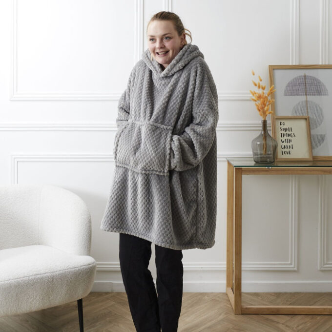 Plaid Sweat à Capuche "Nid d'Abeille" 85x118cm Gris